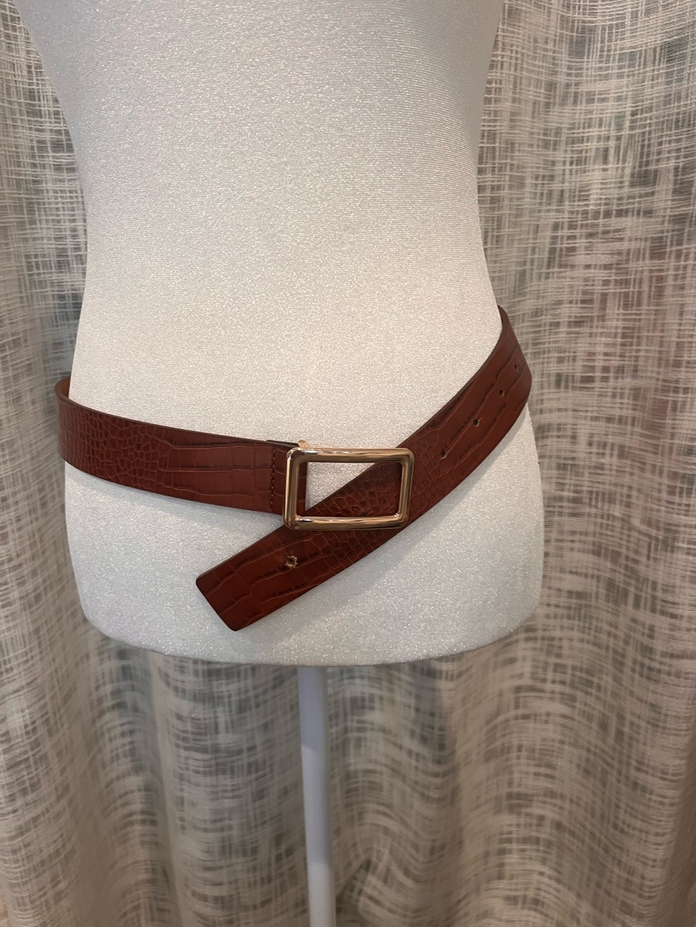 Brown Gold Square Buckle Leather Belt SMALL Crocodile Lizard Embossed